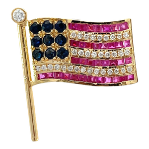 14k Heavy Gold American Flag Brooch With Ruby, Sapphire & Diamond