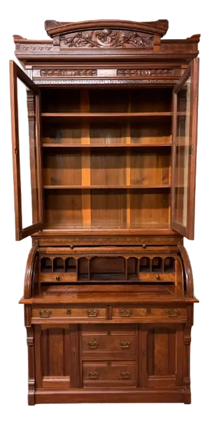 Late 19th Century Victorian American Eastlake Burl Walnut Cylinder Roll Top Desk With Pull-Out Writing Surface