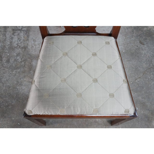 Brown 6 Late 20th Century Maitland Smith Chippendale Pierced Mahogany Dining Side Arm Chairs Silk Seats For Sale - Image 8 of 18