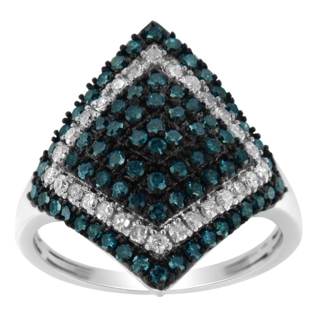 .925 Sterling Silver 1 cttw White and Treated Blue Diamond Rhombus Cocktail Ring (Blue, I3) - Size 7 EVS1010 For Sale