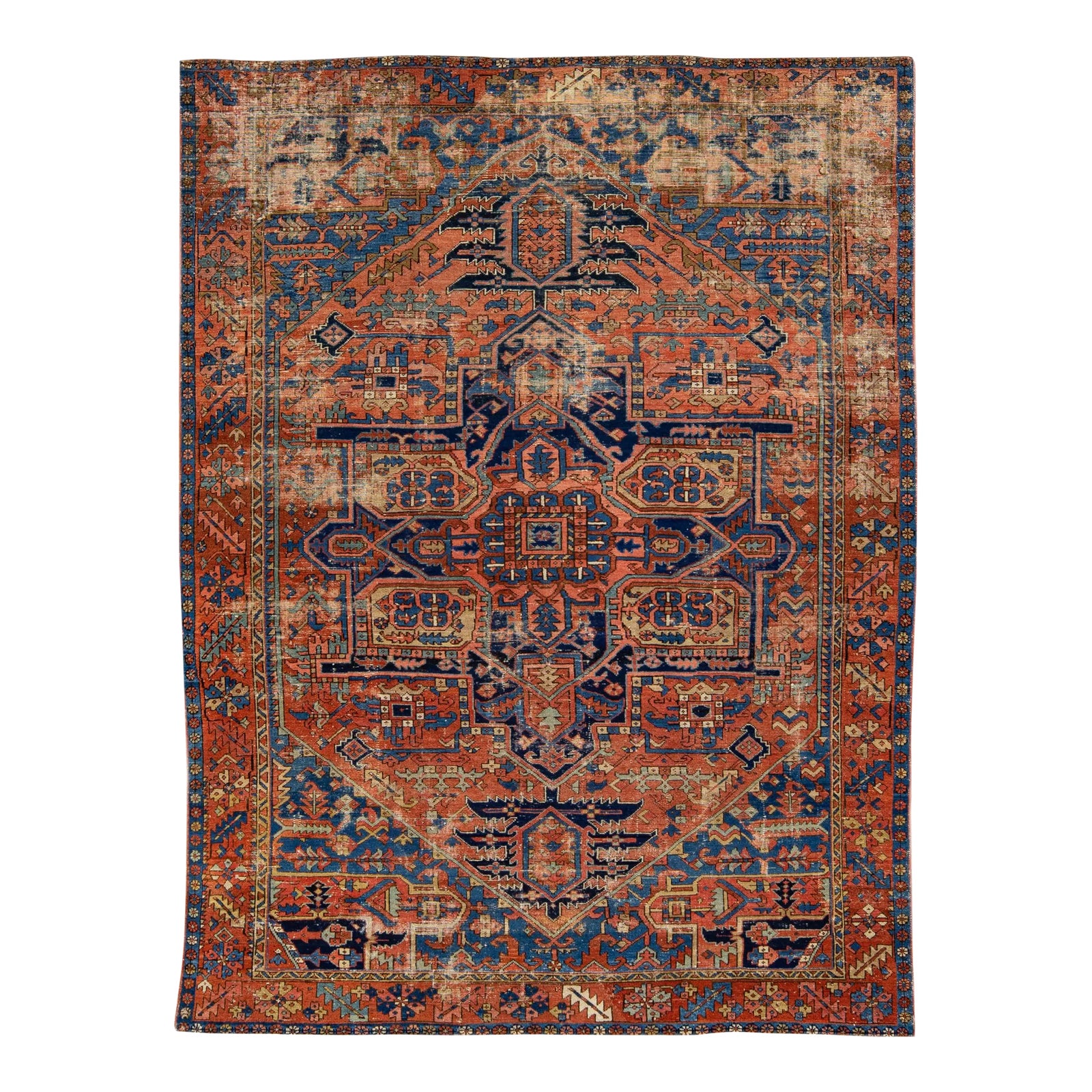 Antique Heriz Persian Handmade Medallion Motif Rusted Wool Rug | Chairish