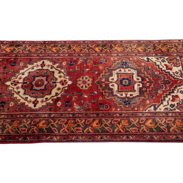 1960s 1960s Vintage Persian Heriz Red Handmade Medallion Wool Runner For Sale - Image 5 of 7