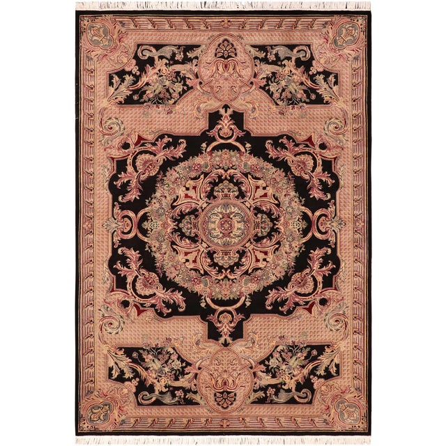 Art Nouveau Medallion 1990's Pak-Persian Black/Pink Wool Rug - 6'2'' X 9'0'' For Sale - Image 9 of 9