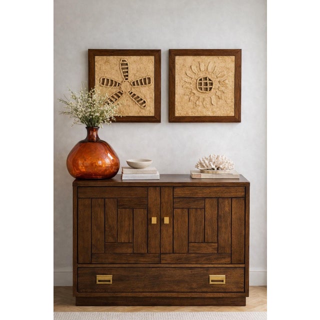 Wood Drexel Mid 20th Century Architectural Walnut Cabinet With Geometric Facade & Pocket Doors For Sale - Image 7 of 10