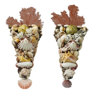 Impressive Pair Sea Shell Encrusted Wall Brackets For Sale