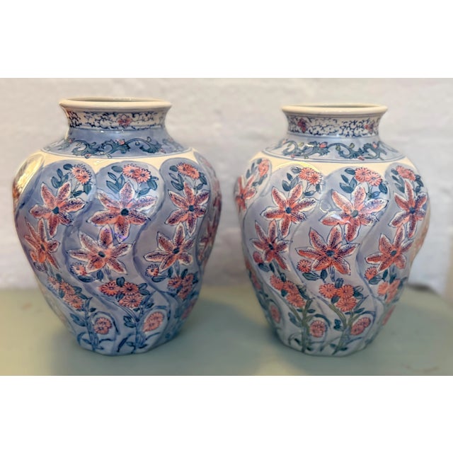 Chinoiserie Hand Painted Pair of Chinese Vases For Sale - Image 3 of 11