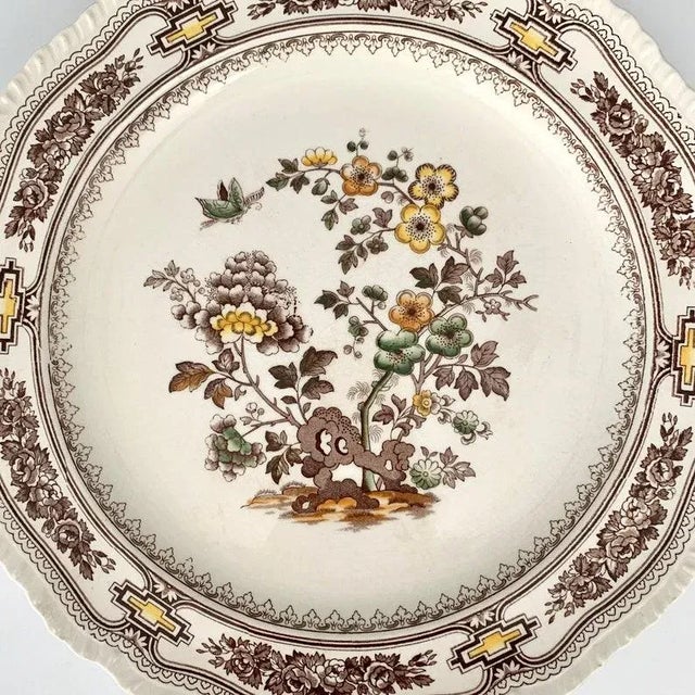 Vintage from the 1940s English Mason's brown and multicolor transferware ironstone platter with scalloped edge probably...