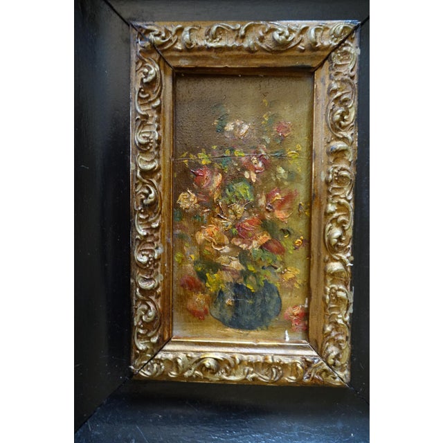 Superb imposing Napoleon III frame black and gold with painting on panel vase with bouquet of flowers very fine...