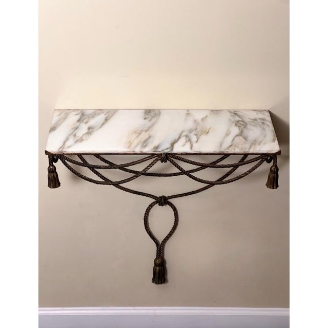 Italian Rope and Tassel Gilt Iron Wall Mount Console Table, Marble Top, 1960s For Sale - Image 4 of 12