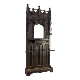 French Gothic Style Oak Coat Hat Rack with Beveled Mirror and Wrought Iron Stand, 19th Century For Sale