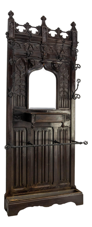 French Gothic Style Oak Coat Hat Rack with Beveled Mirror and Wrought Iron Stand, 19th Century