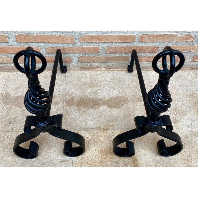 19th Century French Wrought Iron Andirons, Set of 2 For Sale - Image 4 of 6
