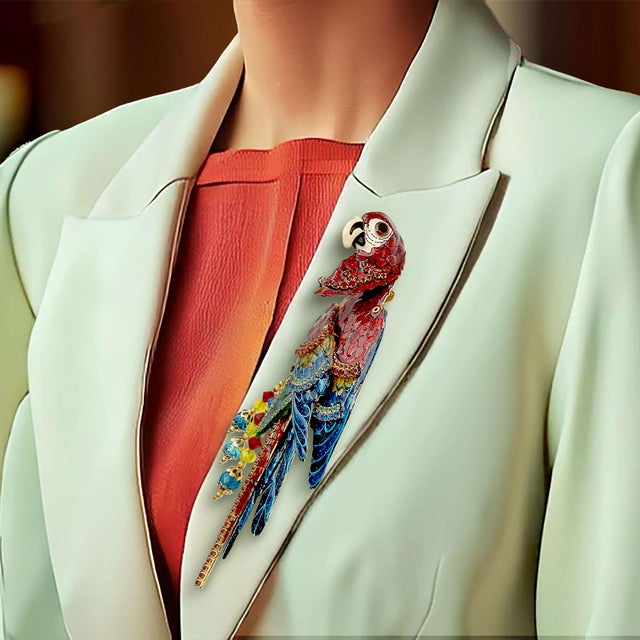 1990s Vintage Lunch at the Ritz Macaw Parrot Brooch Moveable Enamel Statement Pin For Sale - Image 5 of 13