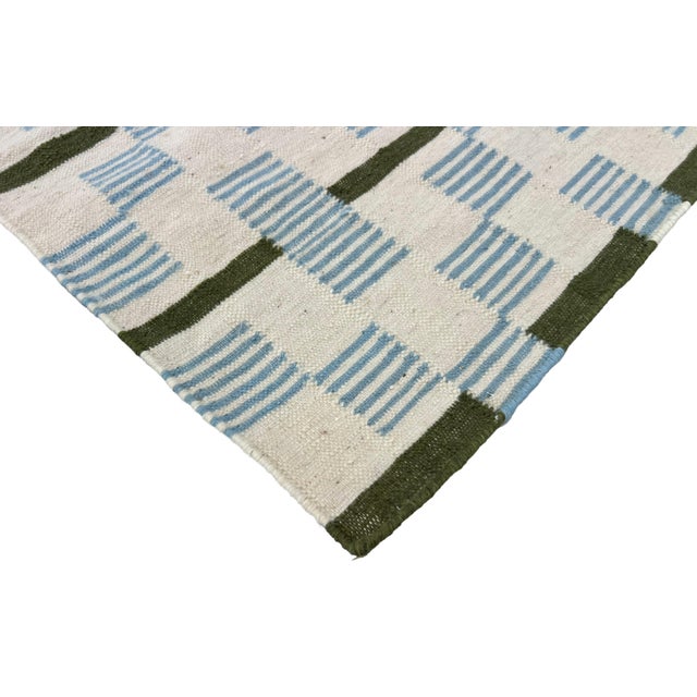 Casa Cosima Handmade Woolen Flat Weave Rug, Cream, Sky Blue and Sage Green Striped Wool Rug - 6'x9' For Sale - Image 4 of 10