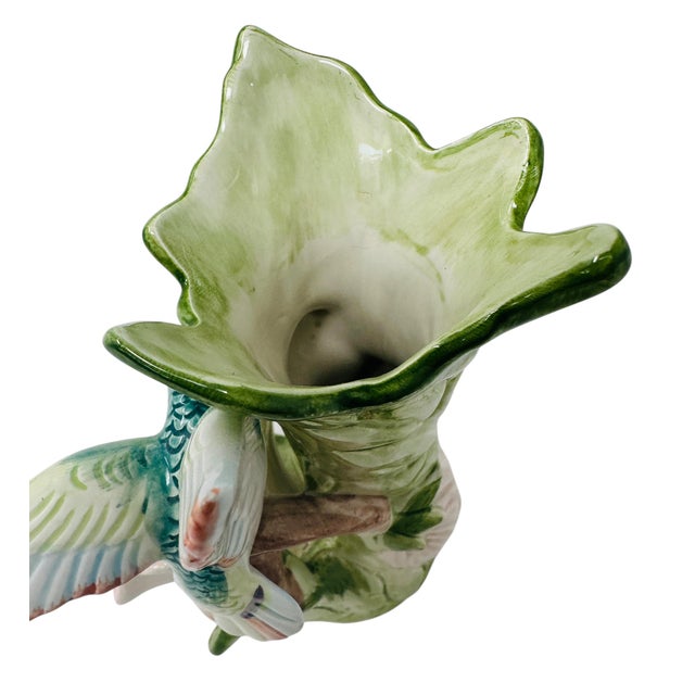 Green Vintage Fitz and Floyd Hummingbird Hibiscus Flower Vase, 1987 F&f Hand Painted Porcelain For Sale - Image 8 of 11