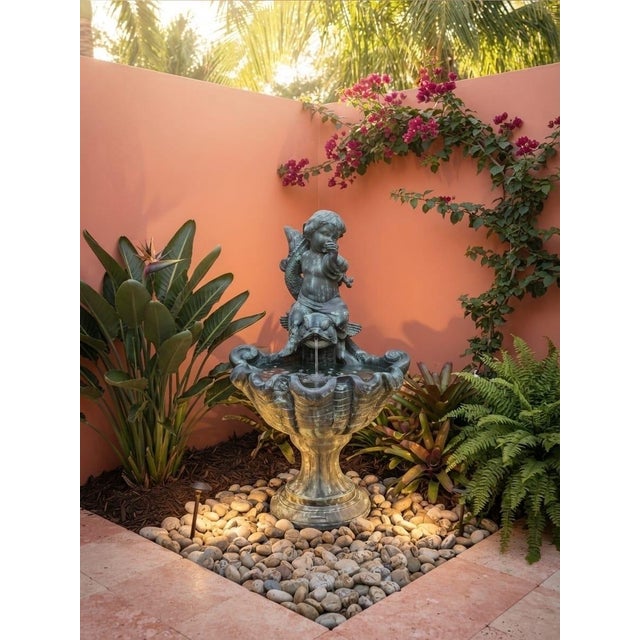 Vintage Neoclassical Bronze Cherub Riding Dolphin Shell Basin Fountain For Sale - Image 9 of 12