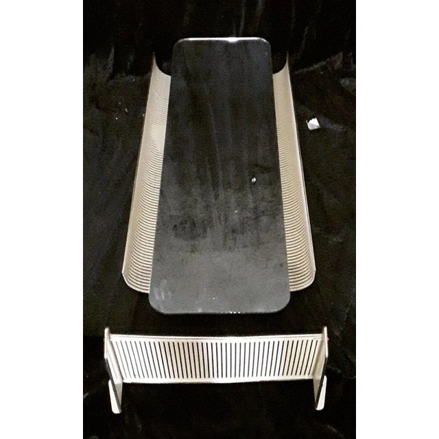 Curved Sheet Metal Illuminated Dressing Room Mirror with Cream White Shelf & Brass Trim, 1950s, Set of 2, in Good...