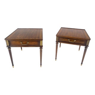 Pair Banded Top Fluted Tapered Legs One Drawer Low Profile End Tables Stands For Sale