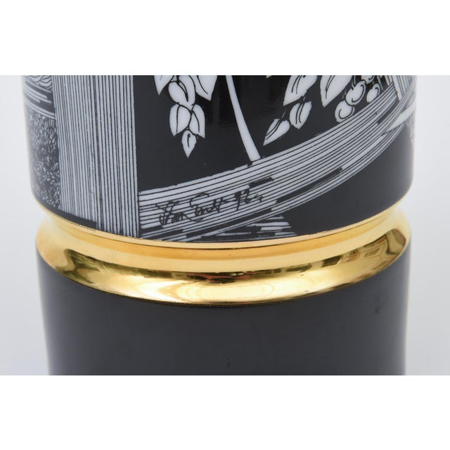 Metal Vintage Signed Hungarian Porcelain Adria Vase, 1992 Fornasetti Style, Black, Gold and White For Sale - Image 7 of 10