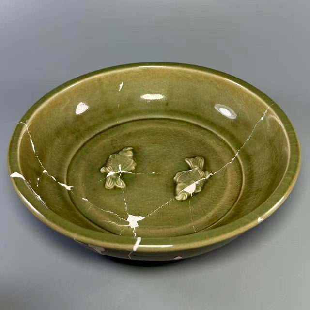 Chinese Antique Chinese Longquan Celadon Plate With Twin Fish Relief, Restored For Sale - Image 3 of 8