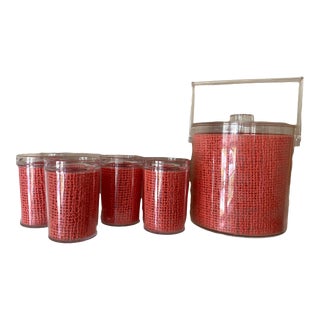 1980s Lucite With Coral Pink Rattan Webbing Ice Bucket and Tumblers Set - 5 Pieces For Sale