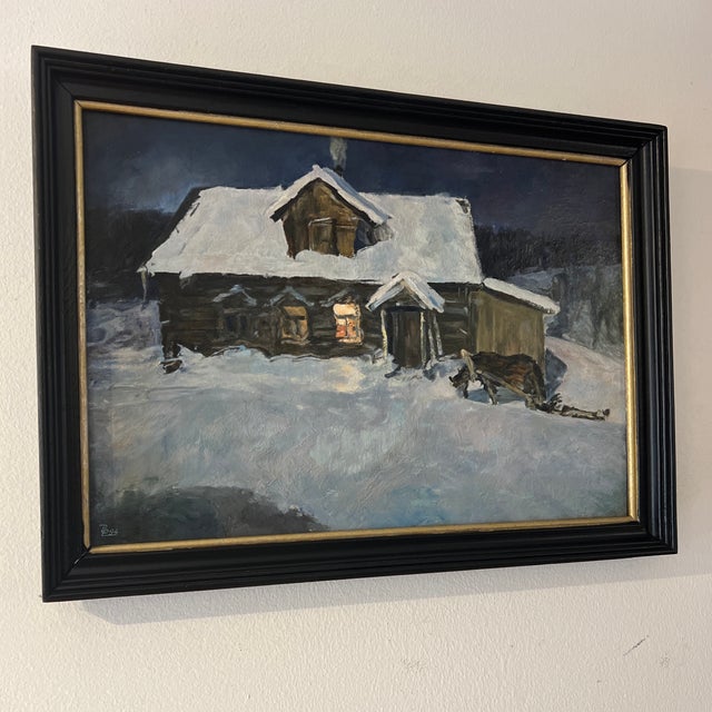 Blue 20th Century Eurooean School Oil on Canvason Board by V.Rozhkov Artist Titled Night Is Coming Made in 1994 Framed Signed For Sale - Image 8 of 11