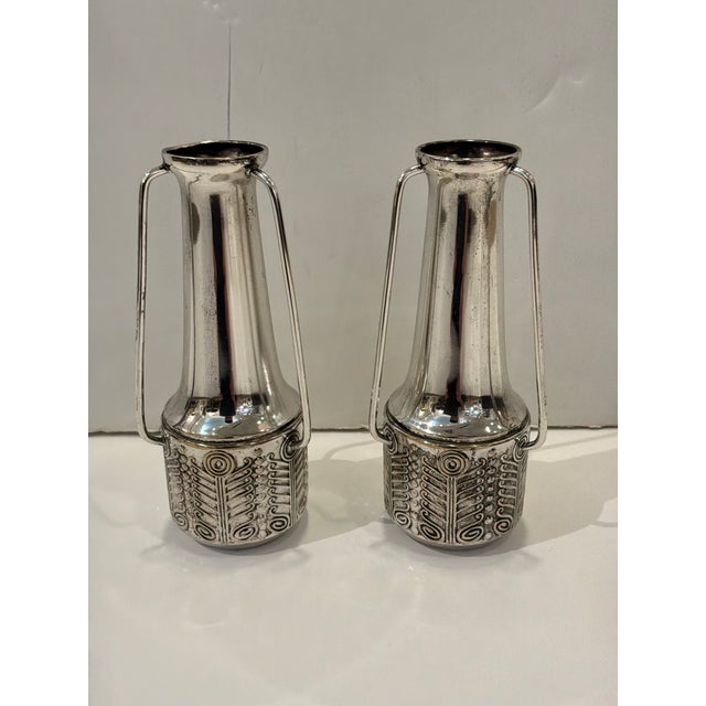Antique Art Deco German Silver Plate Vases - Pair. For Sale - Image 4 of 4