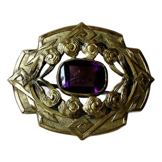 Antique Art Nouveau Brass Sash Pin With Purple Center Stone For Sale