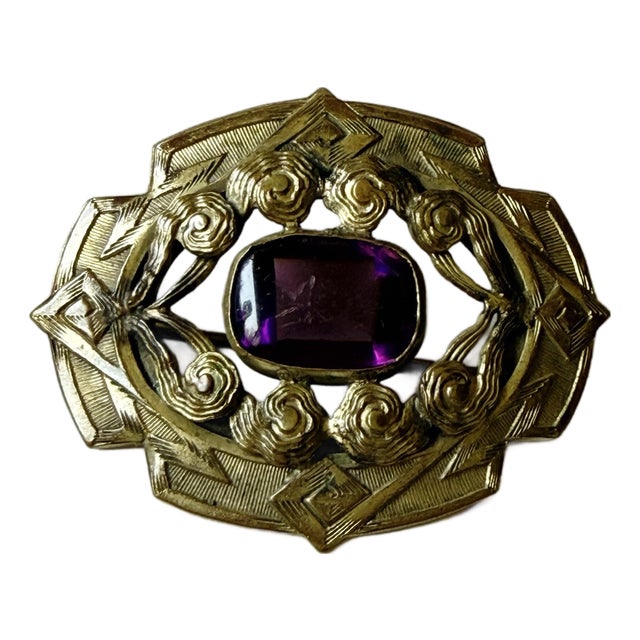 Antique Art Nouveau Brass Sash Pin With Purple Center Stone For Sale