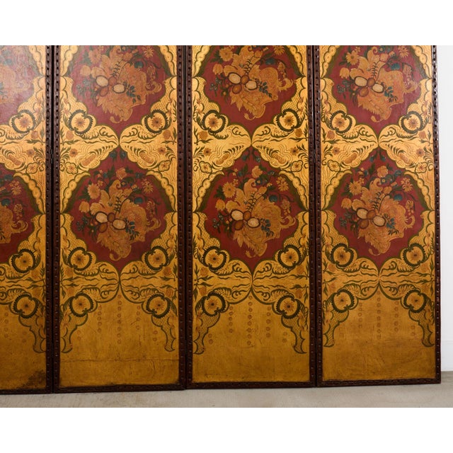 Spanish Colonial Baroque Style Painted Leather Eight Panel Screen For Sale - Image 9 of 18