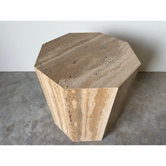 Italian Postmodern Octagonal Travertine Pedestal Dining Table With Glass Top For Sale - Image 4 of 12