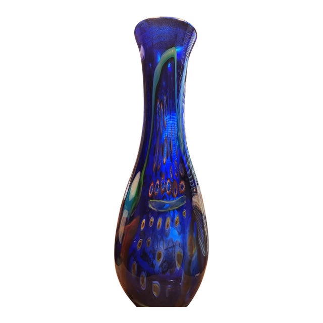 Mid 20th Century Stunning 25" Murano Cobalt Blue Millefiori Vase Hand-Blown Statement Piece For Sale