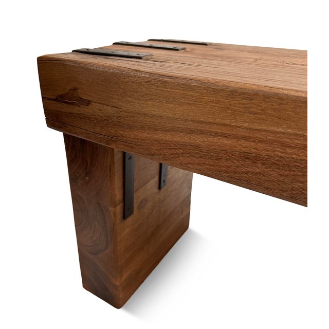 Simple Farmhouse Salvaged Teak Bench W/Iron Details For Sale In Los Angeles - Image 6 of 7