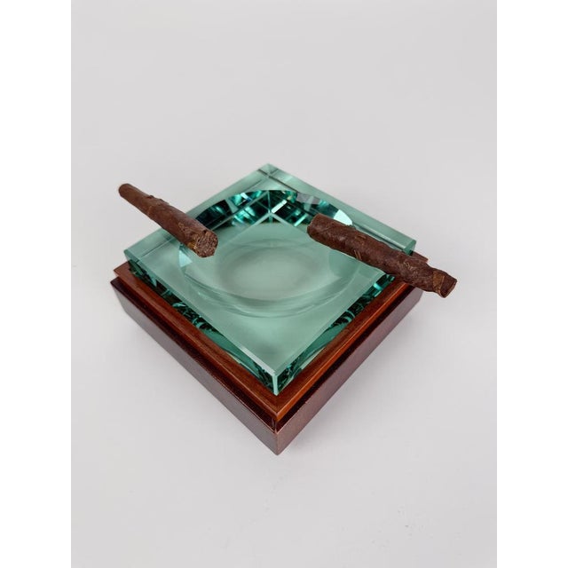 Mid-Century Italian Green Cut Glass and Leather Ashtray in the style of Fontana Arte, 1970s For Sale - Image 4 of 16