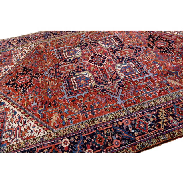 Antique Persian Heriz Handmade Orange-Rust Wool Rug With Medallion Design For Sale - Image 10 of 11