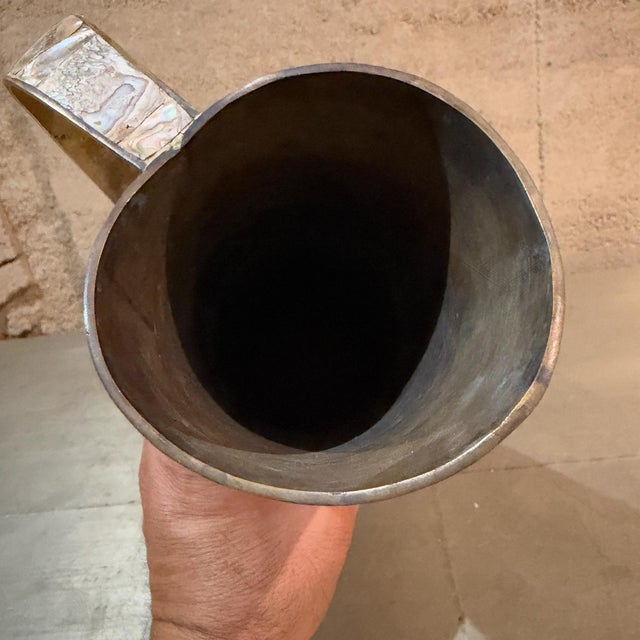 Vintage Mexican Brass and Inlaid Abalone Shell Pitcher Mexico For Sale - Image 13 of 13
