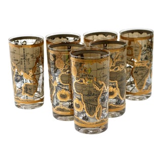 Vintage Cera Glass Black and Gold Old World Map Pattern Highball Glasses - Set of 7 For Sale