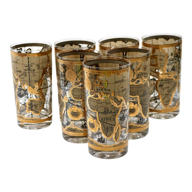 Vintage Cera Glass Black and Gold Old World Map Pattern Highball Glasses - Set of 7 For Sale