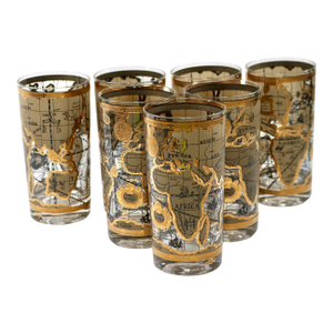Vintage Cera Glass Black and Gold Old World Map Pattern Highball Glasses - Set of 7