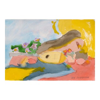 Vintage Still Life With Mandolin and Flowers by Les Anderson For Sale