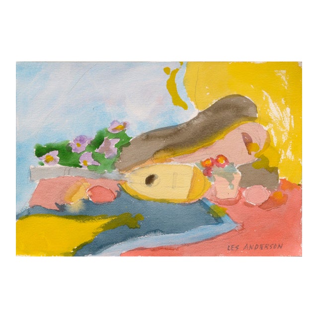 Vintage Still Life With Mandolin and Flowers by Les Anderson For Sale