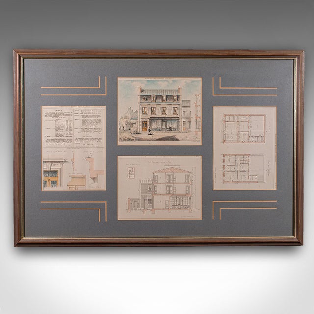 This is an antique framed set of architectural plans. A French, lithograph display of drawings from Constructions Modernes...