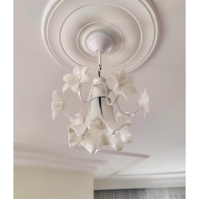 White Vintage Murano Glass Chandelier, 1980s White Floral Lamp, Small Italian Ceiling Light For Sale - Image 8 of 14