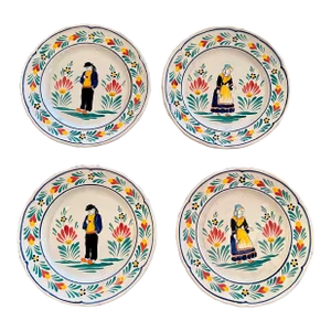 Mid-Century French Hand Painted Quimper Plates Stamped Pornic, Set of 4
