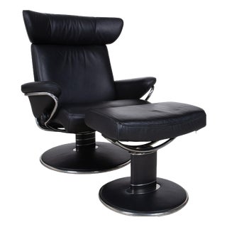 Set of Black Leather Jazz Recliner and Ottoman from Stressless For Sale