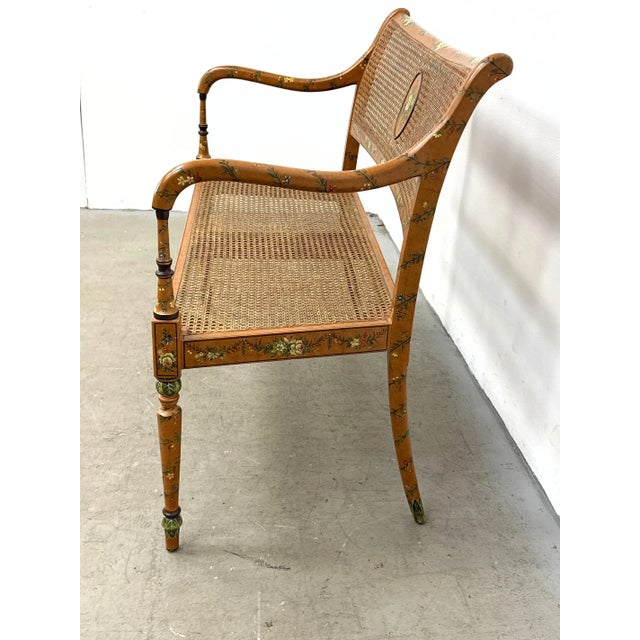 Late 20th Century Elegant Sheraton Style Painted Floral Cane Settee With Neoclassical Detailing For Sale - Image 4 of 14