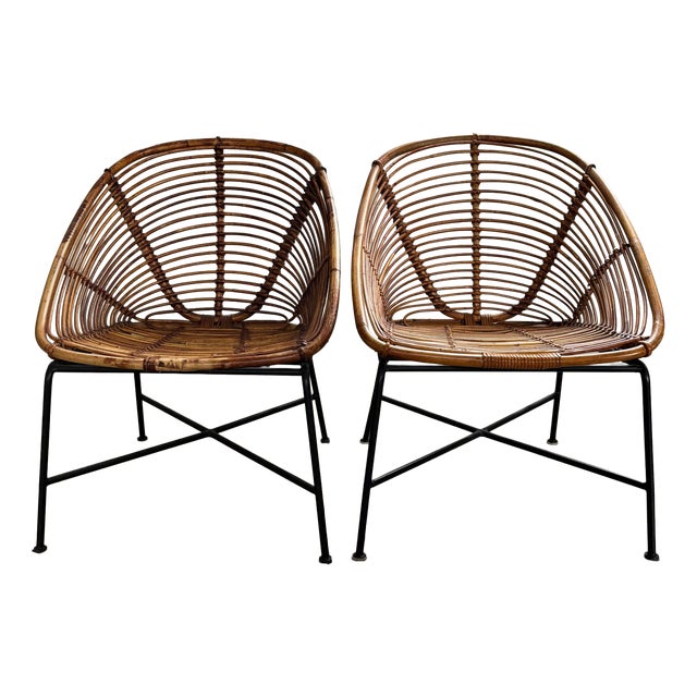 Mid-Century Modern Rattan Lounge Chairs, 1950s, Set of 2 For Sale
