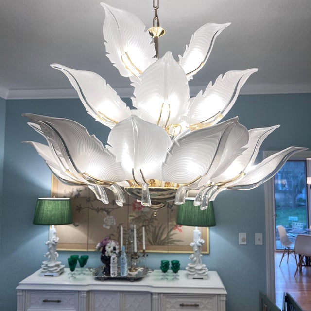Glass EPIC 1970’s Seguso Murano chandelier designed by Franco Luce // 48” diameter and three-tiers of hand-blown glass leaves on gold-plate frame For Sale - Image 7 of 9
