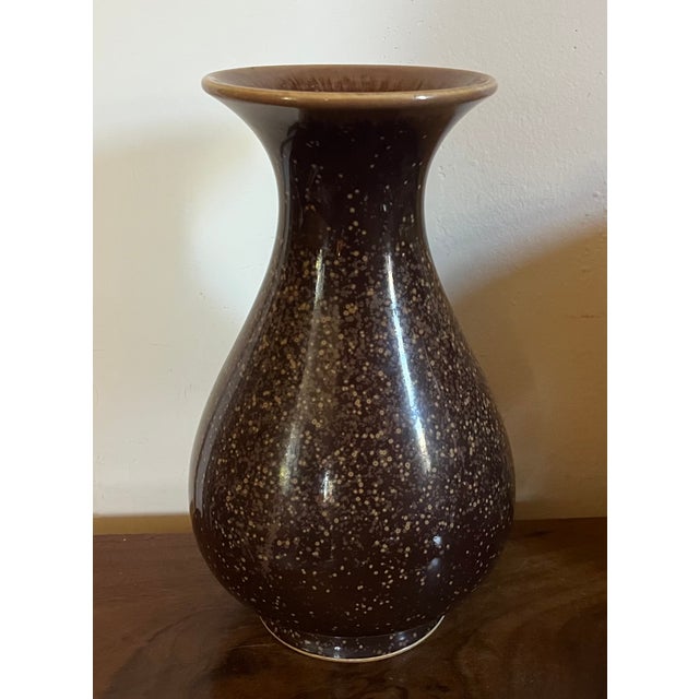 Antique early 20th century Japanese brown speckled glaze baluster shape porcelain vase. Glaze technique combines light...