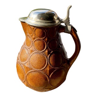 Paul Wynand for Reinhold Merkelbach Secessionist Stoneware Pewter-Lidded Pitcher, C. 1910 For Sale